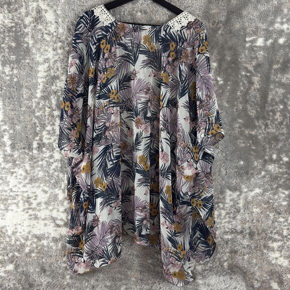 Rewind Size L Floral Tropical Open Front Cardigan Sweater Artsy Semi Sheer - Picture 4 of 10